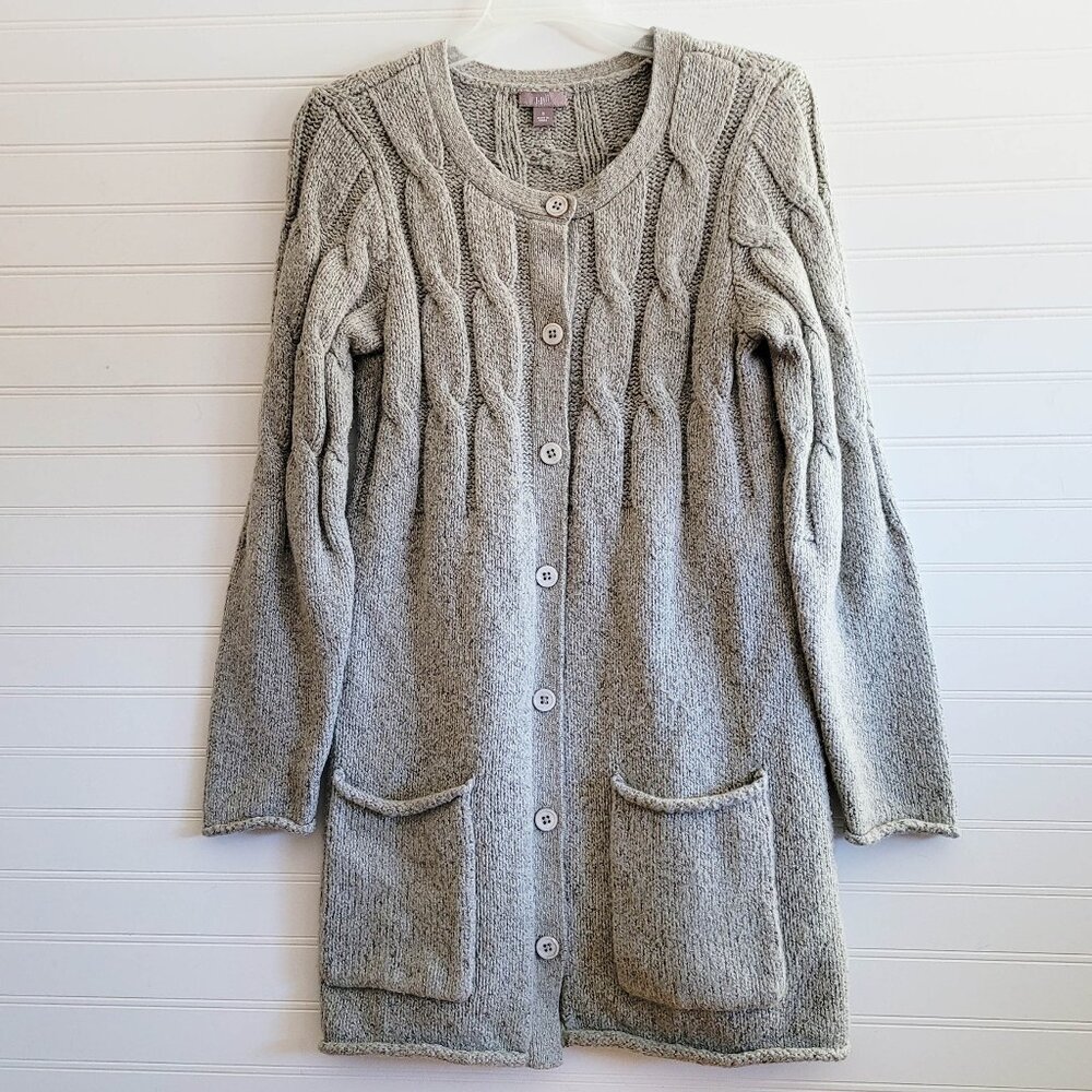 J.Jill Long Cardigan Womens Small Gray Marled Duster Cable Knit Pockets Roll Hem